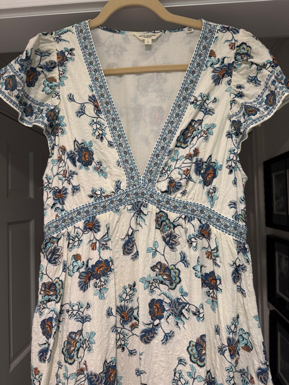 Max Studio Cream Maxi Dress with Blue and Brown Floral Print - Picture 3 of 4